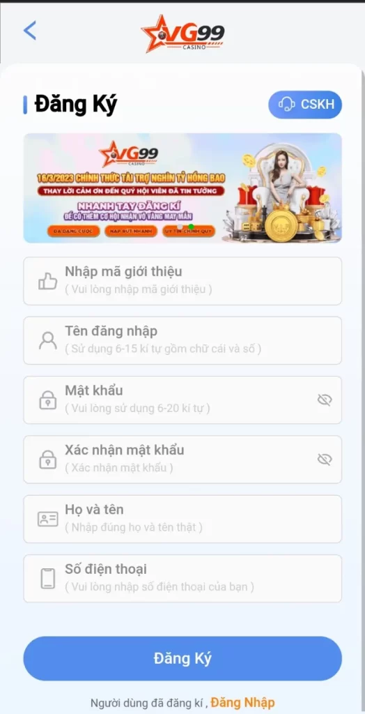 Hoàn thiện một số thông tin đăng ký VG99