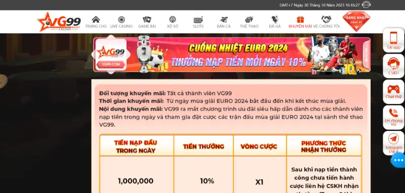 Thưởng nạp tiền mỗi ngày 10% cho sự kiện EURO 2024